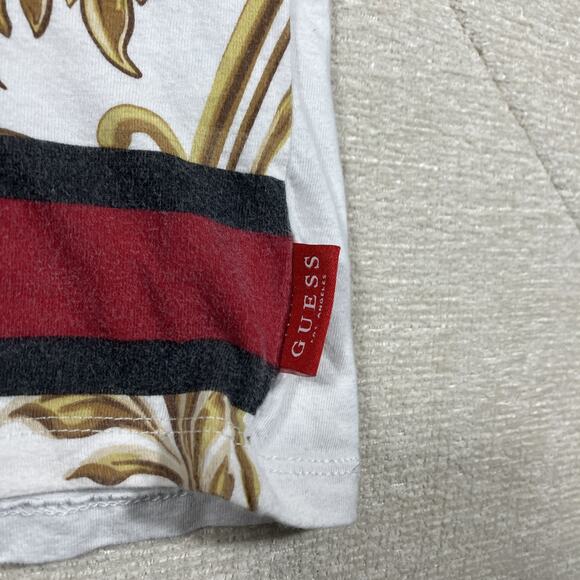 GUESS Women’s Baroque Floral Print T-Shirt White Gold Red Stripe Style M - Picture 3 of 7